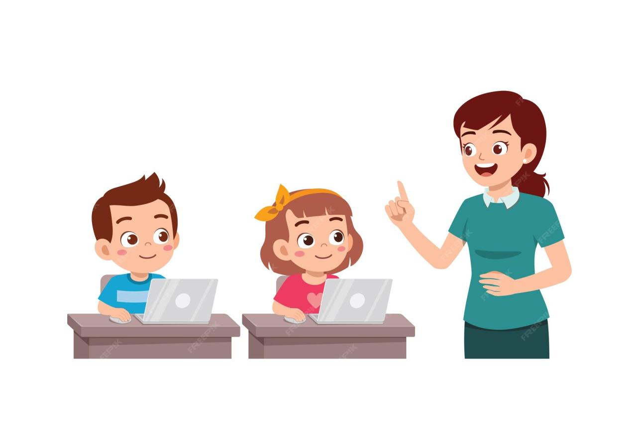 Premium Vector | Teacher explain about computer and internet to student